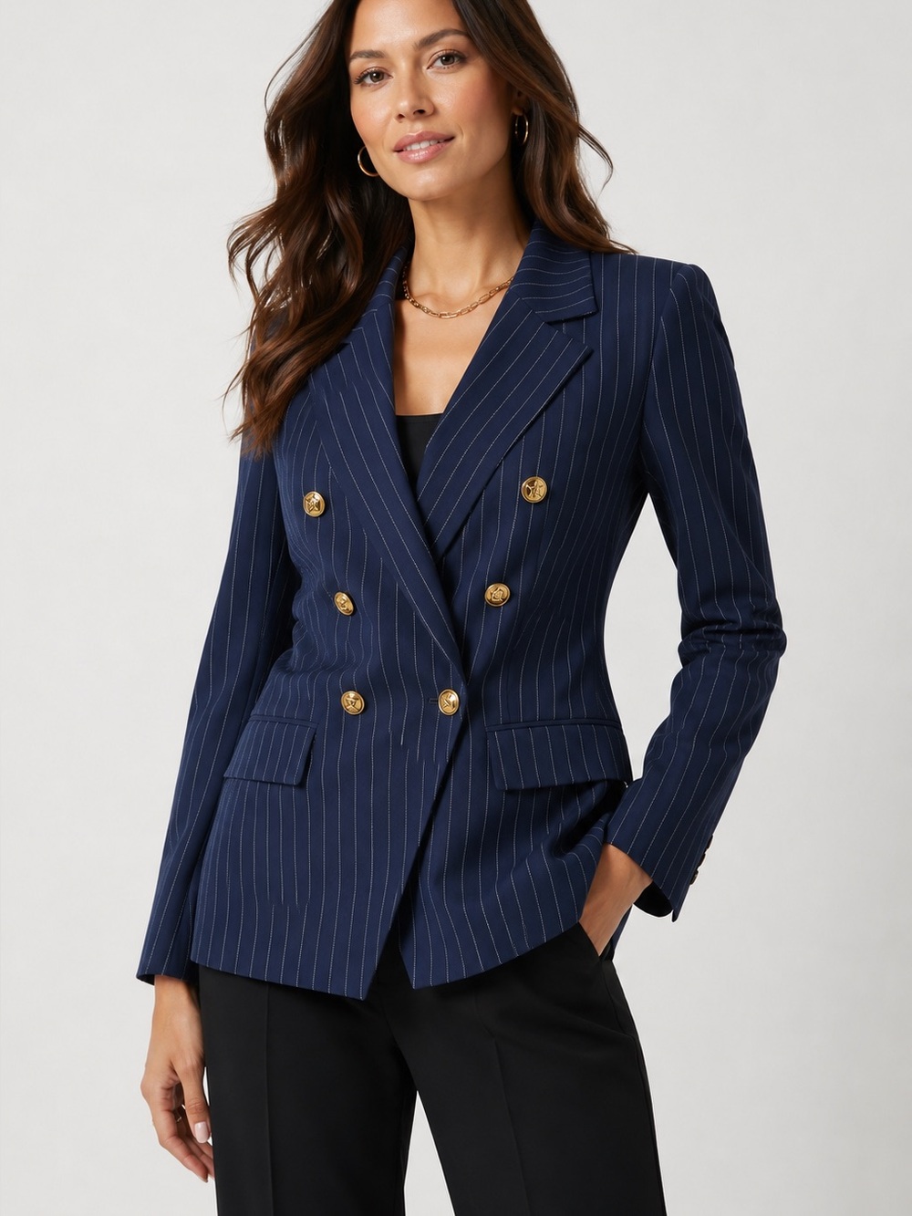 Donna Karan Blue/White pin stripe blazer w/brushed gold hardware size 2